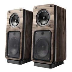 Fototapeta premium Elegant Wooden Bookshelf Speakers: High-Fidelity Audio System, Modern Design, Rich Warm Tones.