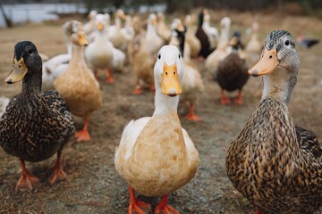 Fototapeta premium Diverse flock of ducks gathering near the water's edge during a serene morning