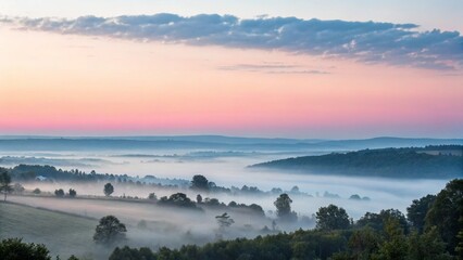 Fototapeta premium Foggy fields and trees under a pink and blue sunrise sky