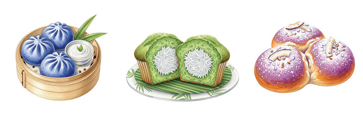 Playful watercolor illustration of colorful steamed buns and sweet bread, featuring blue cream-filled buns, green coconut-filled bread, and purple-glazed banana buns, ideal for unique bakery items