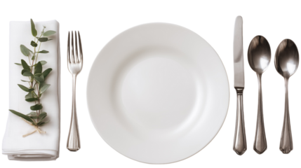 Beautifully arranged dining setup featuring a plate, utensils, and a decorated napkin with leaves, all on isolated transparent background. formal dining etiquette.