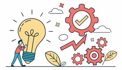 A male figure pulls a large lightbulb, symbolizing innovation and ideas, surrounded by gears and upward arrows, in a colorful graphic style.