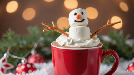 Warm cocoa topped with marshmallow snowman, festive decorations, and cozy atmosphere create delightful holiday scene
