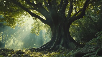 Enchanted forest with big fairytale trees and great vegetation