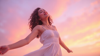 Obraz premium Woman in flowing white dress enjoys serene moment against vibrant sunset sky, embodying freedom and joy