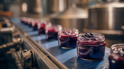 chunky blueberry pie filling jars on conveyor, dessert ingredient manufacturing and bakery 

