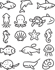 Sea Animals Vector Icon Set  Adjustable Line Weight  Fish, dolphin, whale, shark, squid, octopus, turtle, jellyfish, seahorse, shell, marine, aquatic, underwater icons