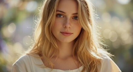 Obraz premium Serene Portrait of a Young Woman with Freckles and Blonde Hair
