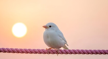 Pastel Sunset Serenity A White Bird Perched on a Pink Rope