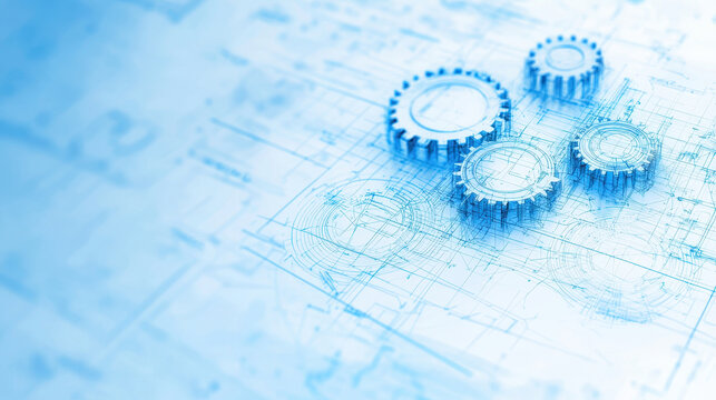 Blueprint gears design, engineering concept, mechanical illustration, technical drawing, innovation background, industrial graphic