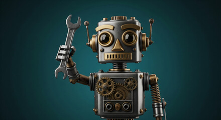 Steampunk robot holding wrench against teal background, showcasing repair, technology, or engineering concept Free space for text