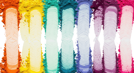 Vibrant Rainbow Eyeshadow Pigment Powder Smudges and Vertical Swatches Isolated on White