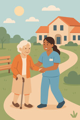 Elderly Woman Assisted by Nurse Walking Outdoors in Retirement Home Garden. Senior Caregiver Support. Flat Vector Illustration. Nursing Home, Healthcare, Aging, Compassion, Geriatric Assistance