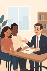 Mixed race couple consulting financial advisor in modern office. Financial planning, investment advice, business meeting, diverse clients, professional consultation, flat vector illustration