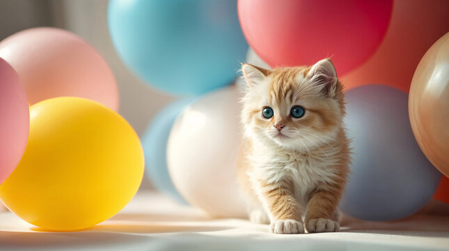 Fluffy kitten explores colorful balloons in a bright indoor setting