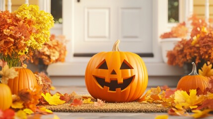 Obraz premium Jack o lantern carved pumpkin and autumn leaves on outdoor mat outside house entrance for Halloween celebration. All Hallows Eve, Samhain