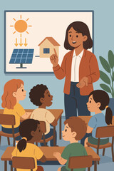 Teacher Explaining Solar Panel Energy to Diverse Elementary Students in Classroom. Renewable Energy Education. Sustainability Lesson. Modern Flat Vector. Kids Learning Solar Power Concepts.