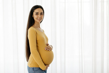 Happy young pregnant woman in comfortable homewear standing next to window at home, embracing her...
