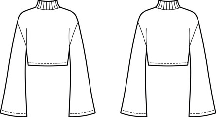Flared sleeve crop top fashion flat, technical sweater sketch front and back view, detailed cad drawing, vector clothing illustration design