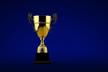 Golden award trophy cup on blue, symbolizing success and victory in competition