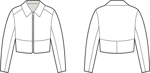 Zip-up cropped jacket with collar, front and back technical view, fashion garment cad flat sketch, vector illustration for design