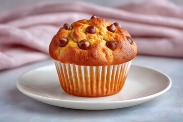 Delicious chocolate chip banana muffin, homemade sweet treat, warm and moist baked dessert, food photography for menu or lifestyle design.