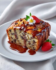 Close-up of banana bread slice with melted chocolate and strawberry topping, homemade dessert, sweet brunch, gourmet bakery presentation, realistic food photography for menu or cookbook.