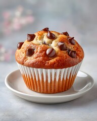 Close-up of fresh banana chocolate chip muffin, freshly baked comfort food, warm and moist dessert with rustic kitchen style, ideal for cookbook, cafe, or bakery advertise.