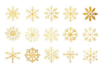 Vector snowflake icons in gold, PNG transparent, representing elegant winter themes for holiday cards, seasonal backgrounds, and festive invitations.