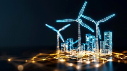 Futuristic Cityscape with Renewable Energy Wind Turbines Visualized