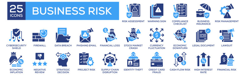 Business Risk icon collection set. Containing design Risk Assessment, Warning Sign, Compliance Checklist, Business Insurance, Risk Management. Solid icon collection