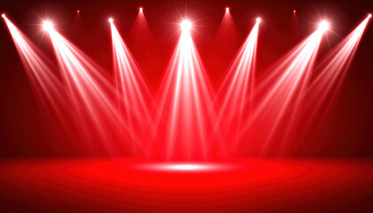 Bright beams of spotlight on vibrant red background create energetic atmosphere