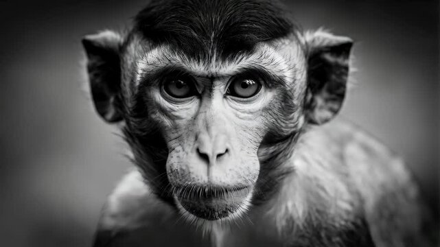 Monochrome portrait of a macaque monkey with intense gaze, featuring detailed fur texture and expressive eyes in a close-up frontal view.