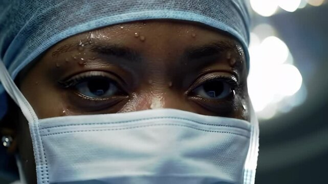 Dedicated Black female surgeon with intense eyes and sweating brow, showing deep focus in a demanding medical operating room.