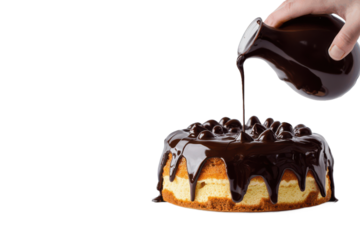 Hands pouring melted chocolate over a cake, PNG transparent, capturing indulgence and dessert appeal for baking ads or recipe blogs.