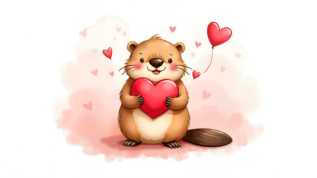 Cute watercolor beaver gives heart . Clipart for romantic card, declaration of love, Valentine's Day, International Women's Day, birthday greetings
