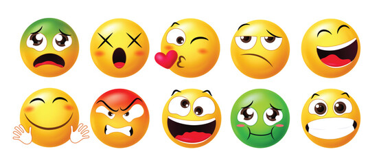 Expressive 3D emoticons featuring a variety of emotions like angry, kissing, happy, tired, confused, and embarrassed. Ideal for chats, reactions, and digital content.