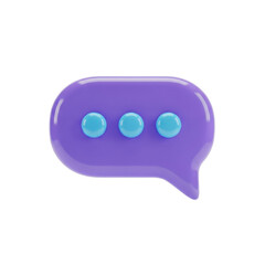 3D purple speech bubble with ellipsis isolated on white background