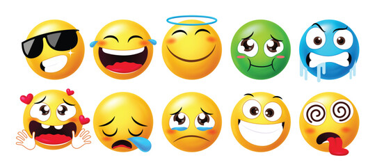 Cute and expressive 3D emoji faces showing joy, sadness, love, dizziness, drooling, coolness, and angelic mood. Ideal for chats, stickers, social content, or UX elements.

