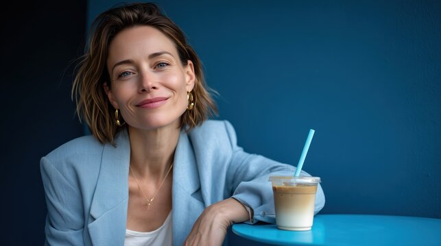Portrait elegant d'une femme d'affaires souriante avec cafe latte