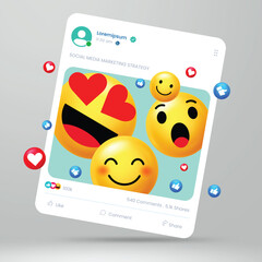 Eye-catching 3D emojis and reaction icons popping out of a tilted social media post mockup. Great for digital marketing, engagement content, or UX/UI presentation.