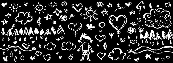Hand-Drawn Doodle Collection: Childlike Sketches, Hearts, Stars, Nature