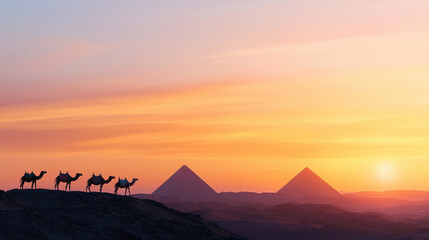 Stunning sunset view featuring camels silhouetted against pyramids, creating serene and majestic atmosphere
