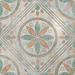 Colorful ceramic wall tiles decoration. Abstract damask patchwork pattern with geometric and floral ornaments, Vintage tiles intricate details