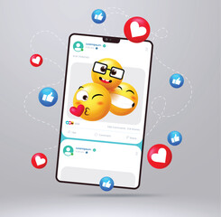 Fun 3D emojis and floating social reactions like hearts and likes, surrounding a smartphone post layout. Perfect for digital content, marketing, UI/UX design, and engagement tools.
