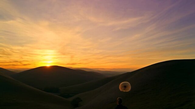 Sunset silhouette with dandelion umbrella