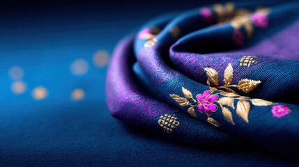Fototapeta premium A close-up of a rich blue fabric with intricate gold and pink floral embroidery, draped elegantly with a soft bokeh background.