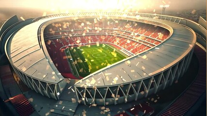 Opening aerial sweep moving over open-air sports stadium at dusk, with floating confetti pieces - Powered by Adobe