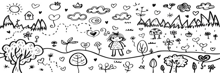 Cute Doodle Girl in Black and White Nature Scene