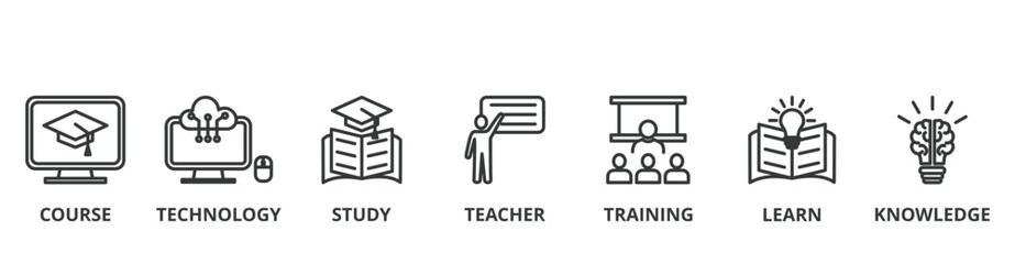 Online education banner vector illustration concept with icon of course, technology, study, teacher, training, learn and knowledge